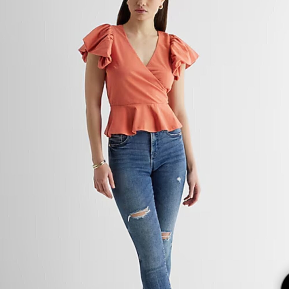 NWT Express Apricot Flutter sleeve faux wrap pepl… - image 2